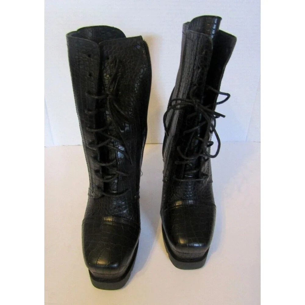 Azalea Wang Dolls Kill Ankle Boots NWOB Black Vegan Crocodile Heels Size 11